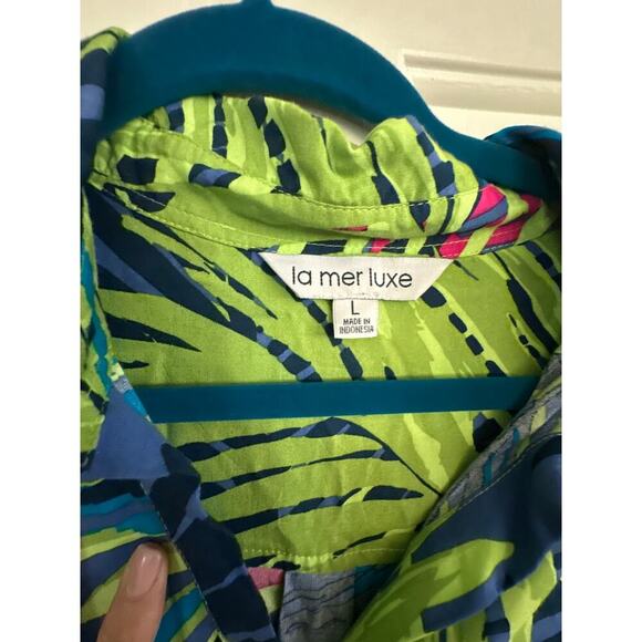La Mer Luxe Women's Multicolor Palm Print Button Up Shirt Dress Size Large - Picture 4 of 7